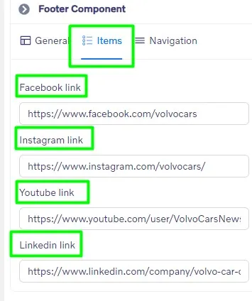 Footer Component - Items settings