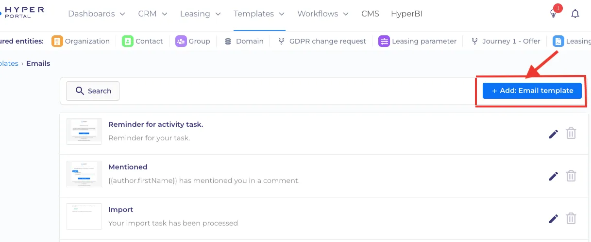'Add: Email template' button