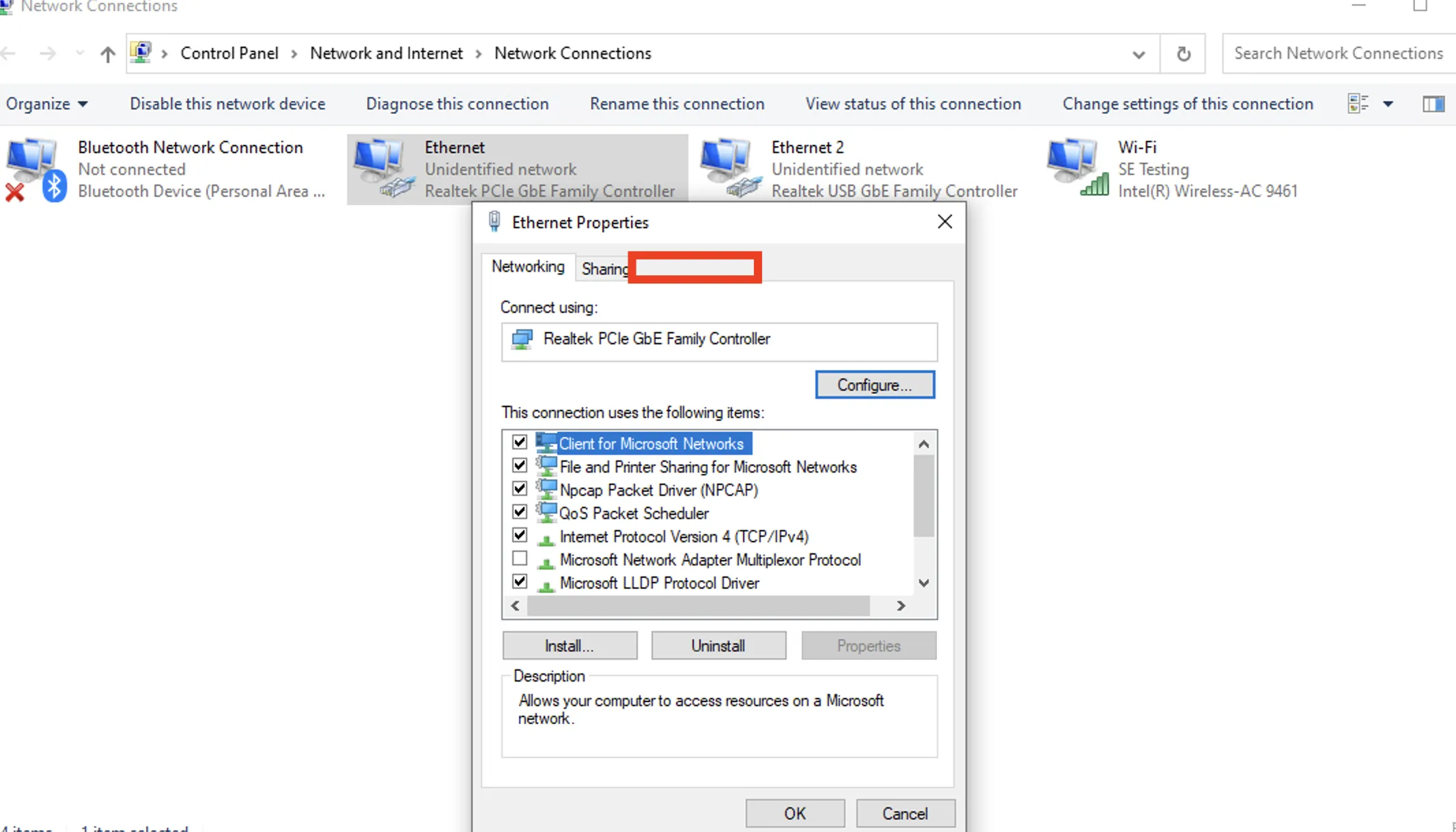 Windows: Ethernet properties
