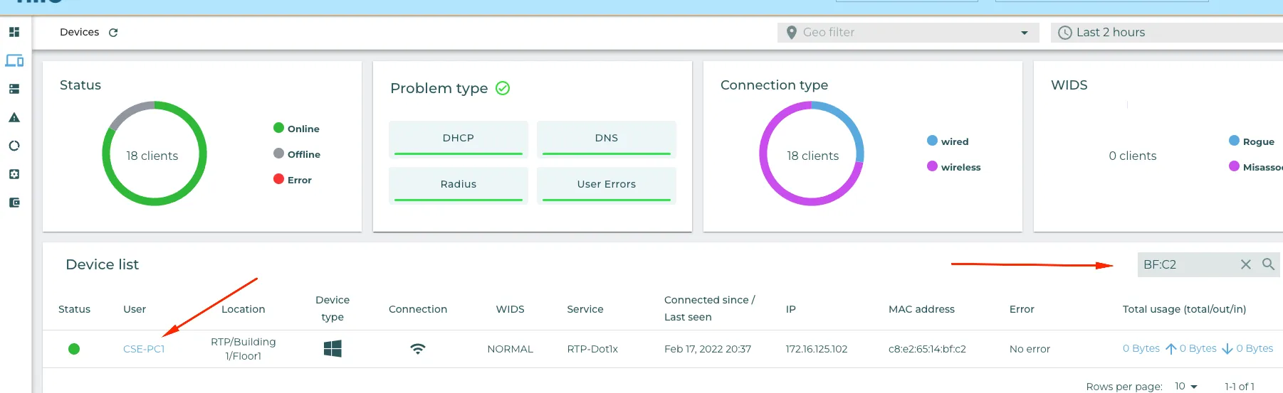 Nile portal:  Devices list