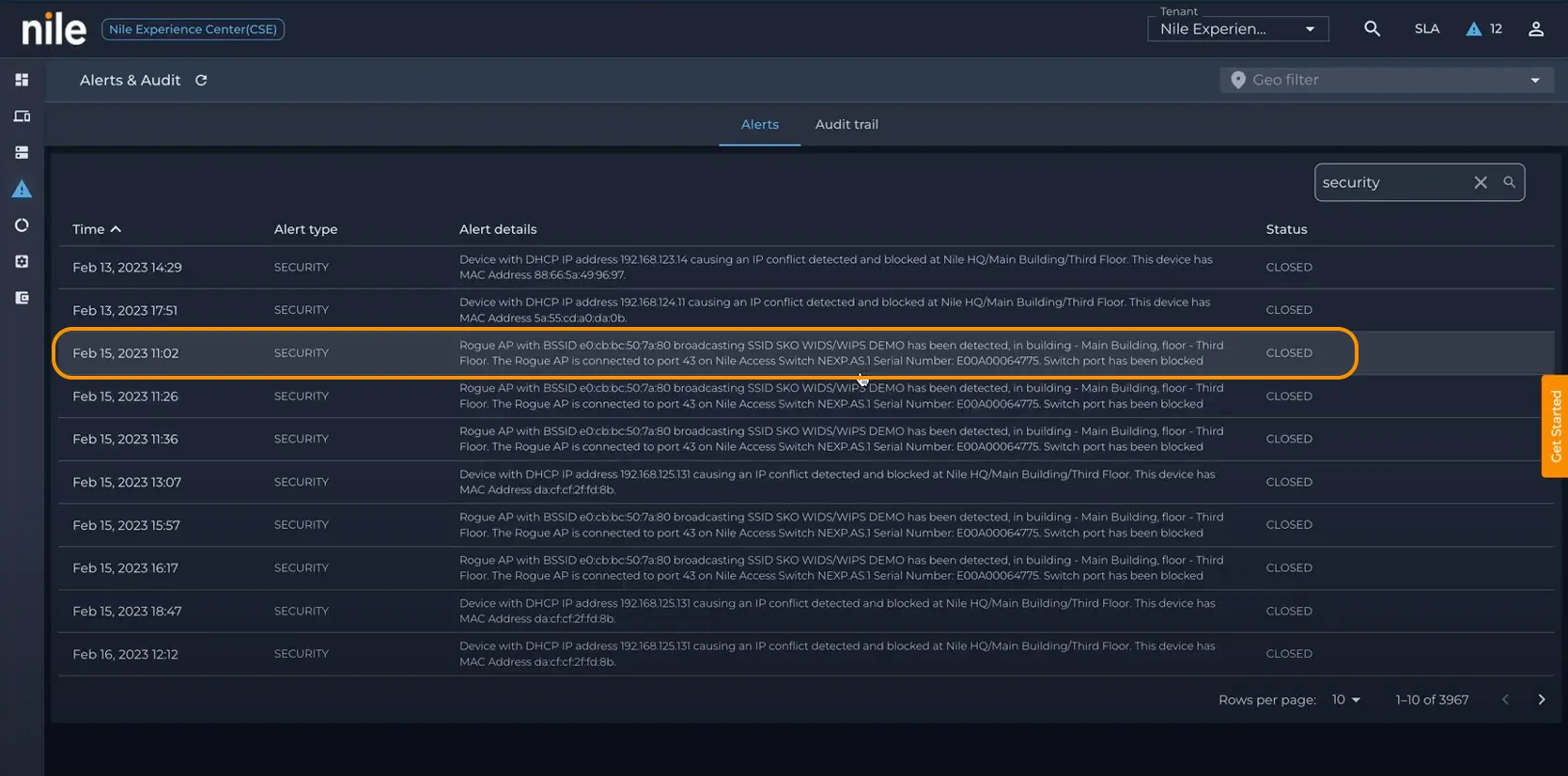 Rogue AP mitigation alert