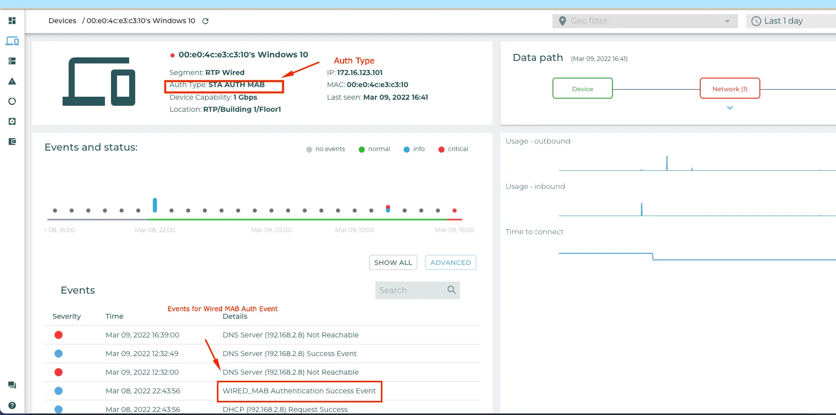 MAB Authentication : Authentication Type and Event Details