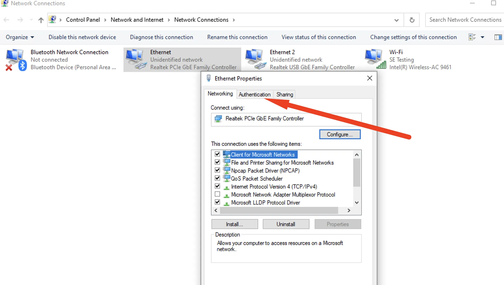 Windows: Ethernet properties