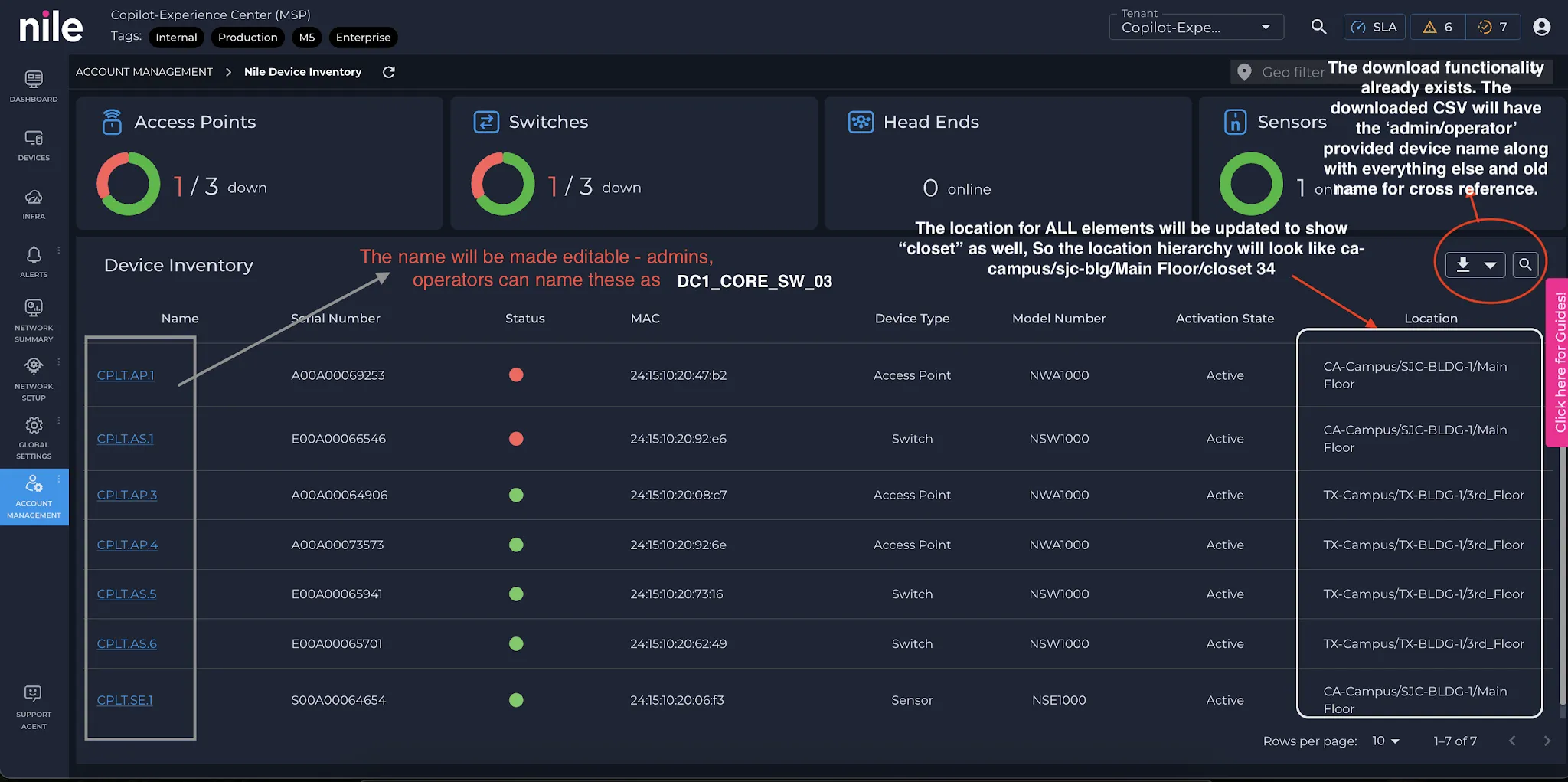 Figure 1: Example view showing custom hostname for a Nile Element and Closet in the location hierarchy on the Inventory page.