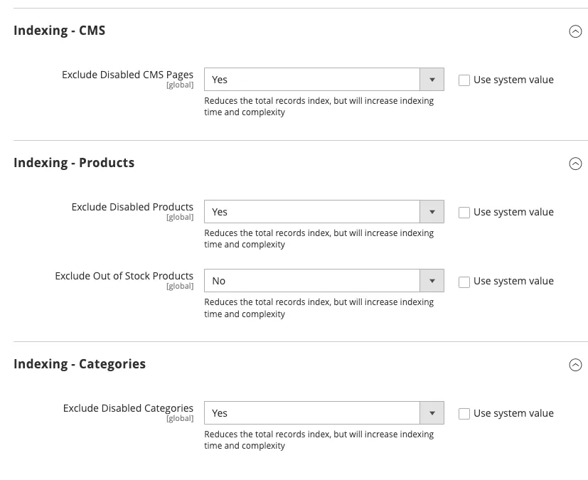Stores > Configuration > Klevu > Developer Settings > Indexing
