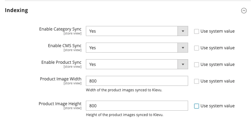 Stores > Configuration > Klevu > Data Sync > Indexing