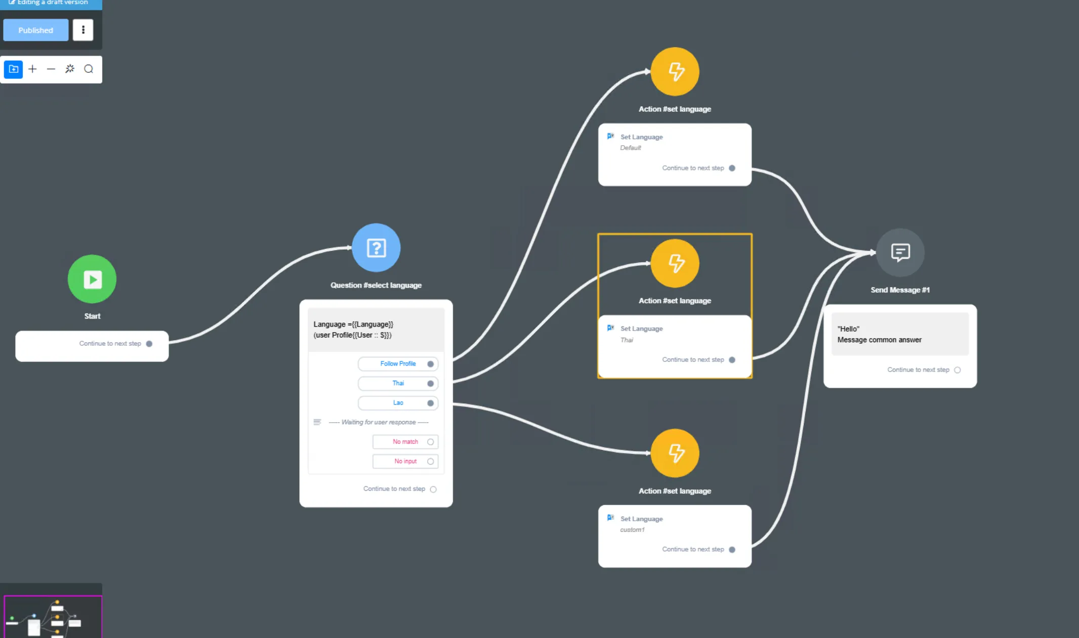 ตัวอย่างFlow ใช้การถาม และให้เลือกภาษาที่ต้องการ เมื่อเลือกแล้ว ใช้ Acton Node ในการสลับภาษา