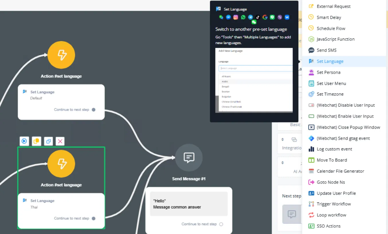 Action Node เลือก Set Language (for PRO)