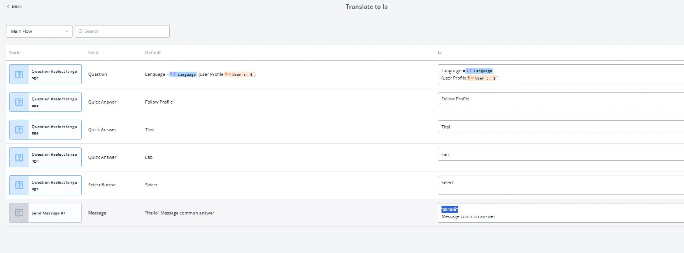 ตัวอย่างตาราง Translate กรณีเลือกภาษาลาว