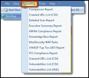 Netsparker - Reporting Menu Location Netsparker - Reporting Menu Location