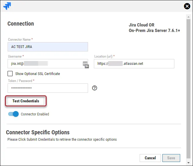 Jira Connector Guide - Connection Window Configuration