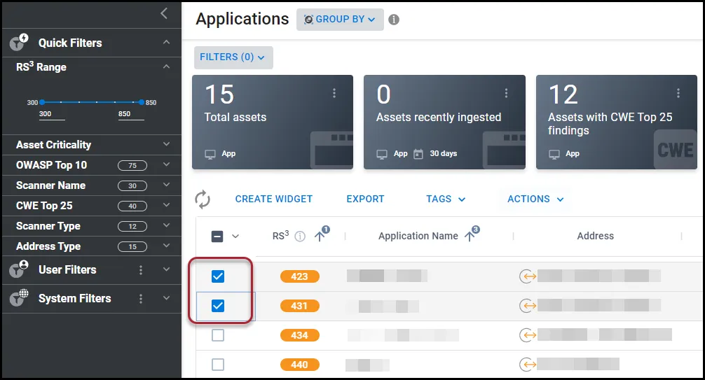 Selecting two applications on the Applications page to set their asset address type.