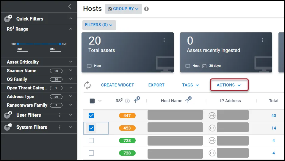 Location of the Actions button on the Hosts page.