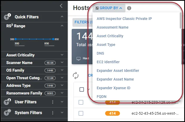 On the Hosts page, the Group By menu is expanded and highlighted.