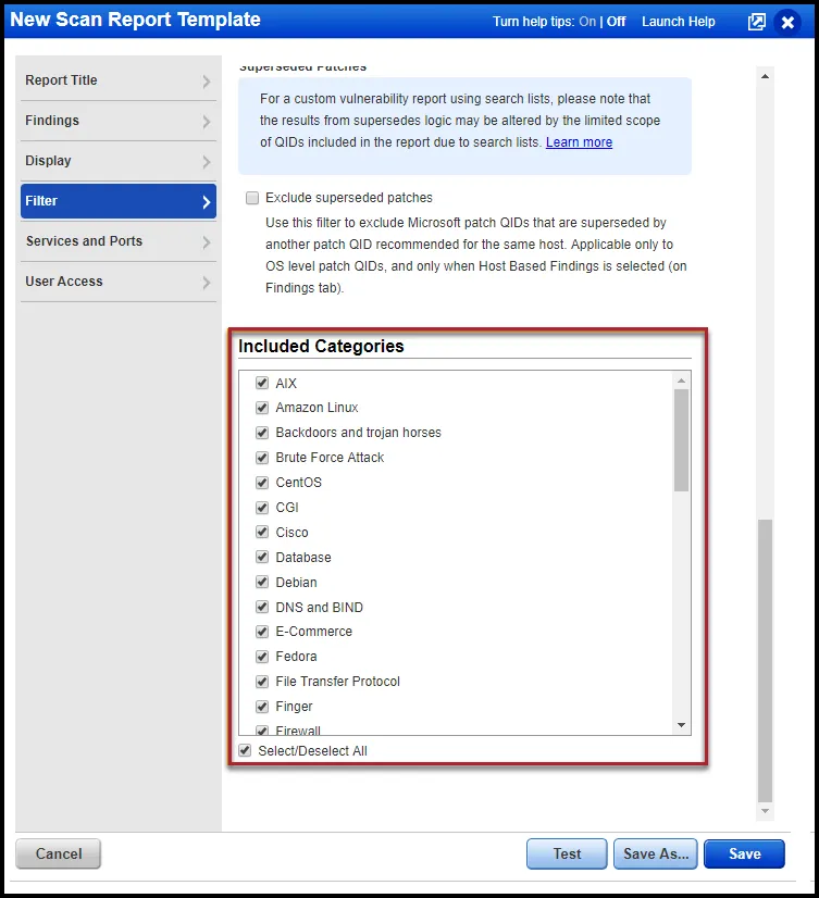 Qualys Vuln Report - Filters - Included Categories