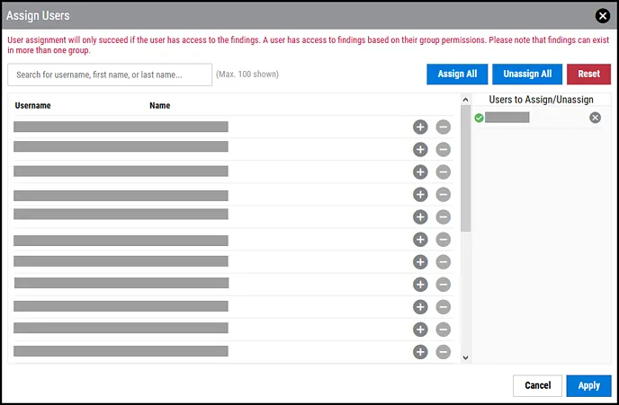 Assign Finding User - Assign Users Window