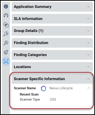 Scanner Specific Information section of the Application's detail pane.