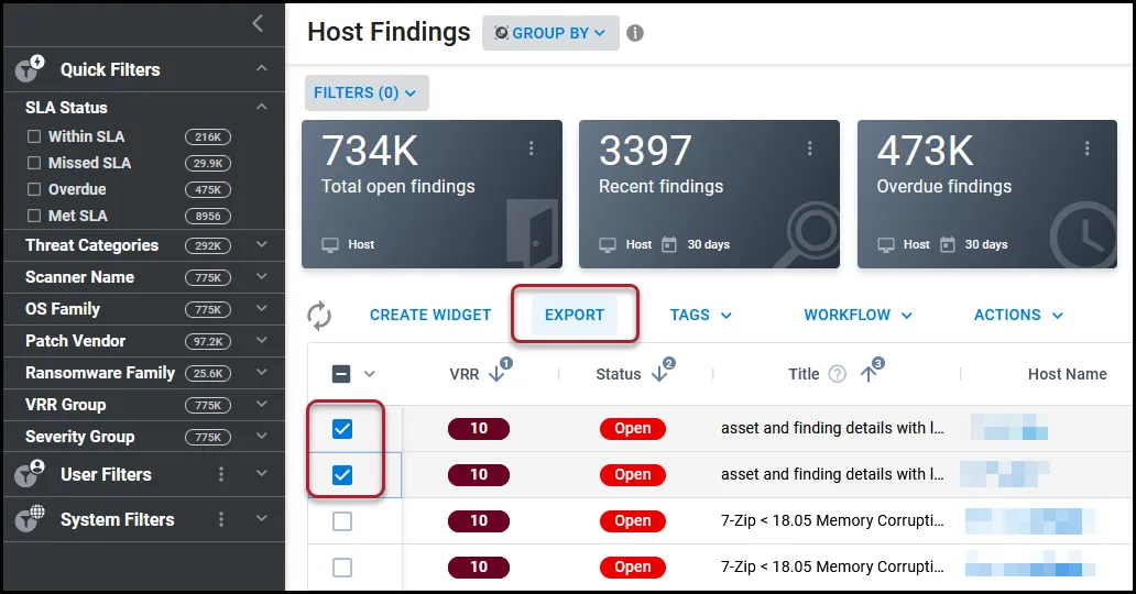 Location of the Export button with two findings selected on the Host Findings page. Location of the Export button with two findings selected on the Host Findings page.