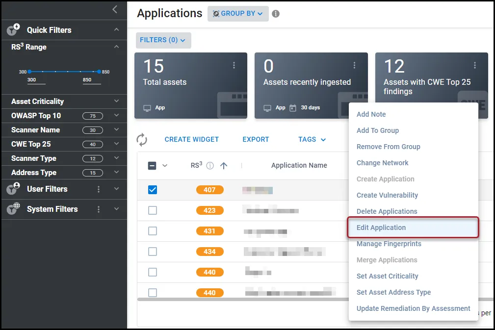 Edit Application menu location under the Actions menu on the Applications page. Edit Application menu location under the Actions menu on the Applications page.