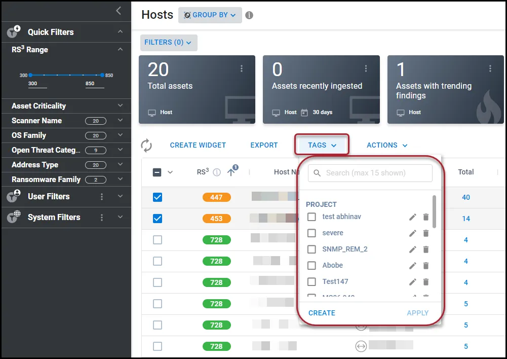 Location of the Tags button on the Hosts page with the Tags menu expanded.