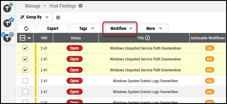Remove Findings Workflow - Workflow Button Location