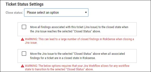Jira Connector Guide - Ticket Status Settings Checkboxes