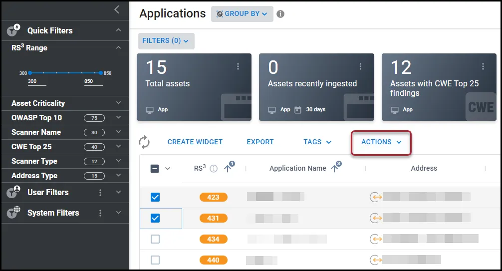 Location of the Actions button on the Applications page.