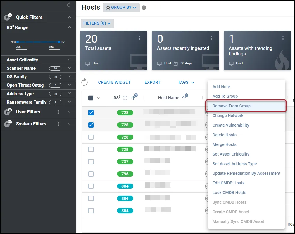Remove from Group menu location in the Actions menu on the Hosts page.