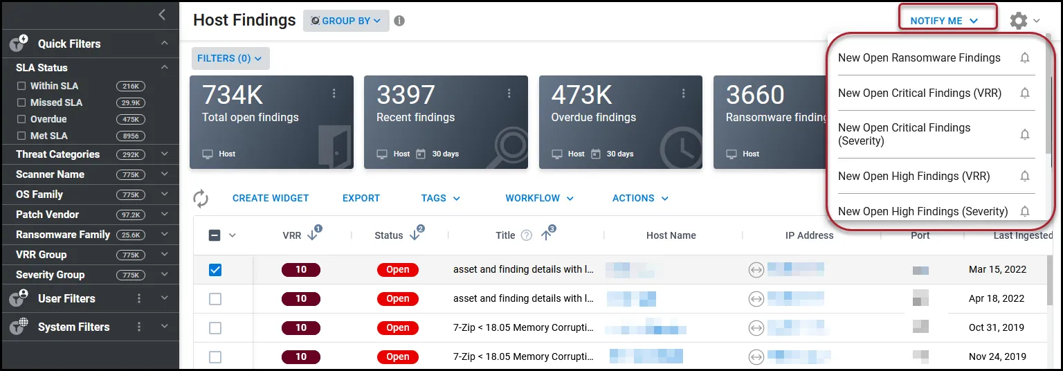 Location of the Notify Me button and menu on the Host Findings page. Location of the Notify Me button and menu on the Host Findings page.
