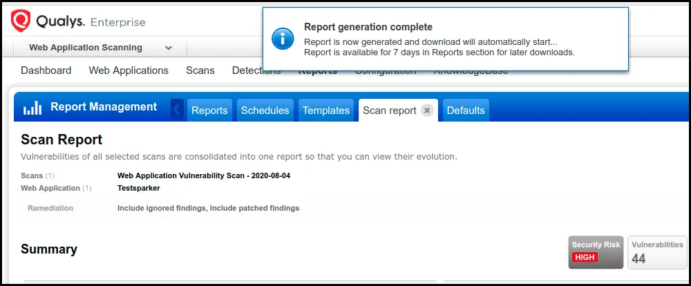 Qualys WAS - Report Generation Snackbar