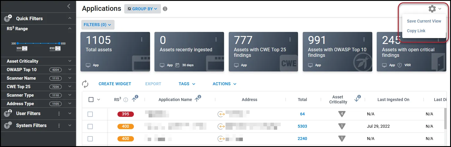 On the Applications page, the Settings gear is highlighted and the Page Settings menu is expanded. On the Applications page, the Settings gear is highlighted and the Page Settings menu is expanded.