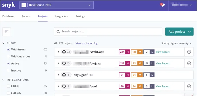 Snyk Export - Projects Page Snyk Export - Projects Page