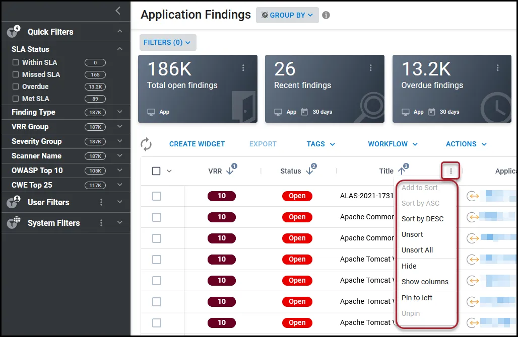 Location of the three-dot column menu on the Application Findings page.