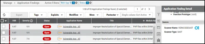 Veracode Connector - Application Findings Page