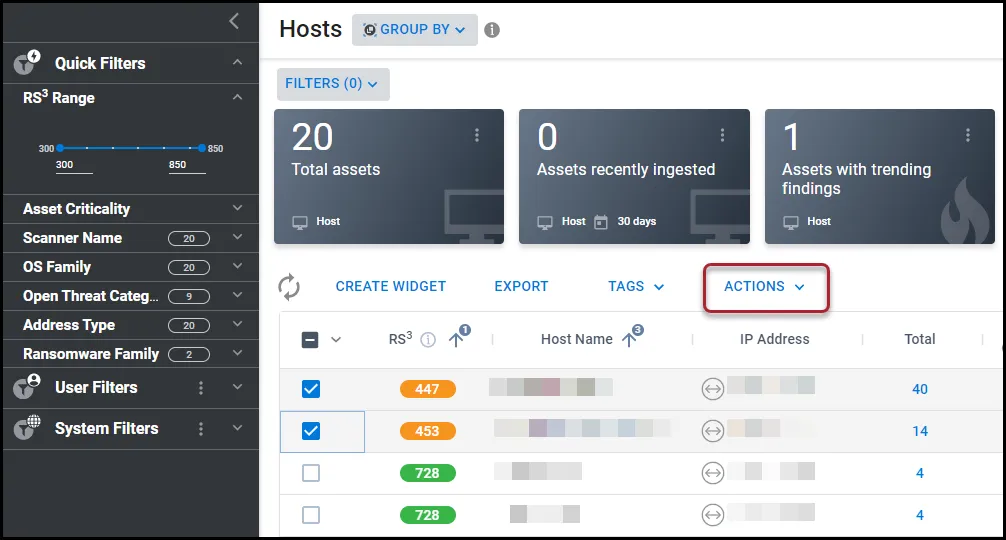 Location of the Actions button on the Host page.