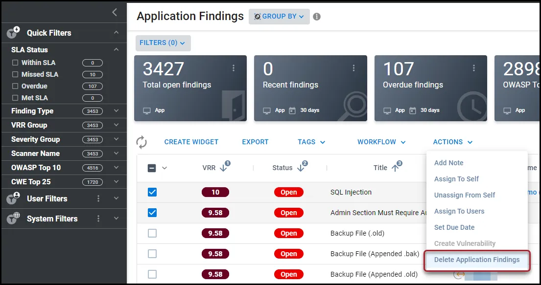 Delete Application Findings menu location in the Actions menu on the Application Findings page.