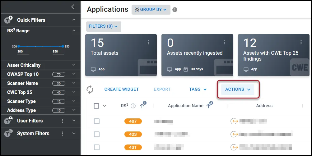 Location of Actions button on the Applications page.