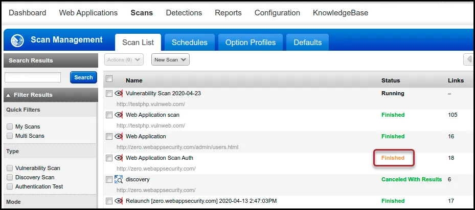 Qualys WAS - Finished Scan - View