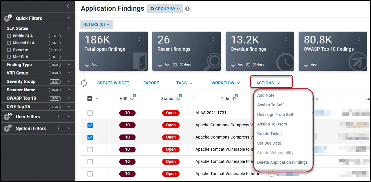 Location of the Actions button and menu on the Application Findings page.