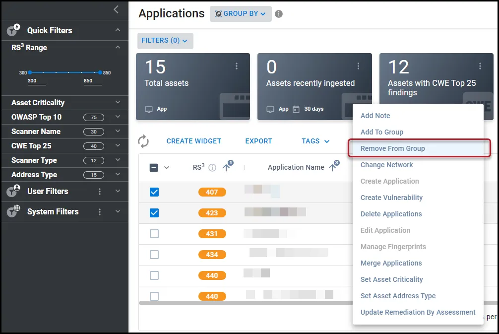 Remove from Group menu location in the Actions menu on the Applications page.