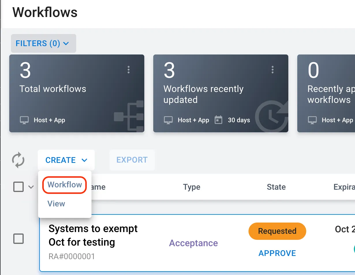 Create button location on the Workflows page. Create button location on the Workflows page.
