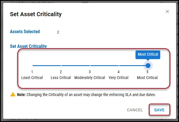 Application Asset Criticality - Set Asset Criticality Window