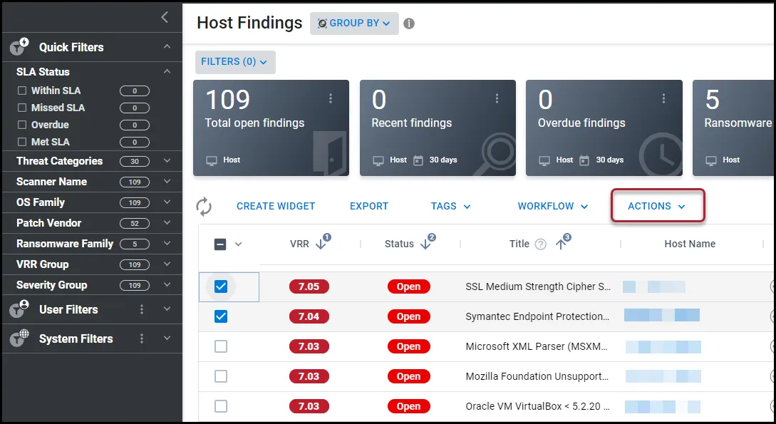 Location of Actions button on the Host Findings page.