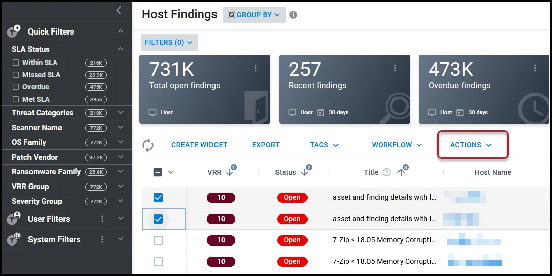 Actions button location highlighted on a findings page.
