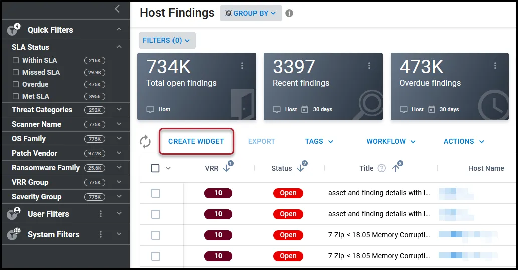 Location of the Create Widget button on the Host Findings page. Location of the Create Widget button on the Host Findings page.