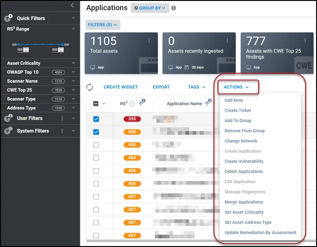 Location of the Actions menu and the Actions drop-down menu on the Applications page. Location of the Actions menu and the Actions drop-down menu on the Applications page.