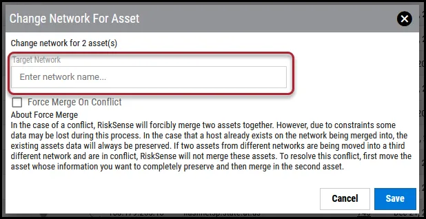 Change Host Network - Change Network for Asset Window