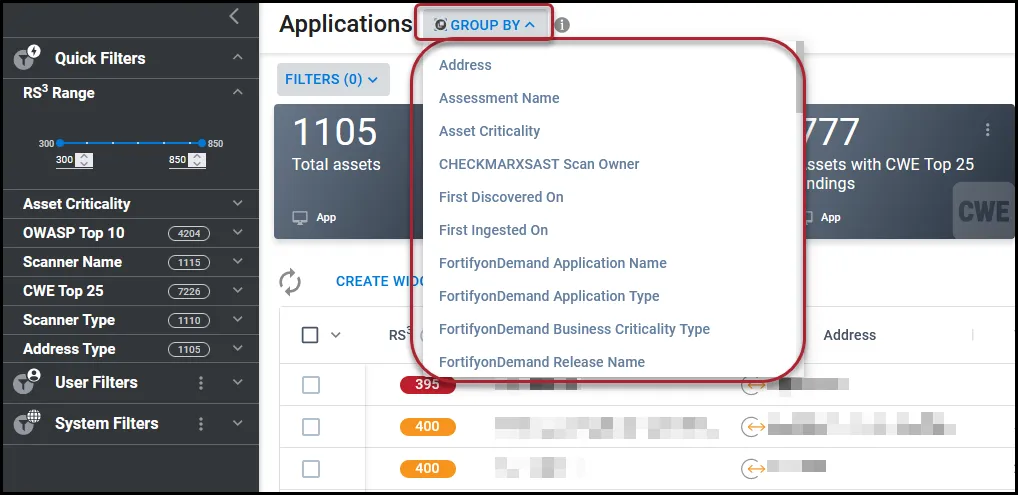 On the Applications page, the Group By button is highlighted and the Group By menu is expanded. On the Applications page, the Group By button is highlighted and the Group By menu is expanded.