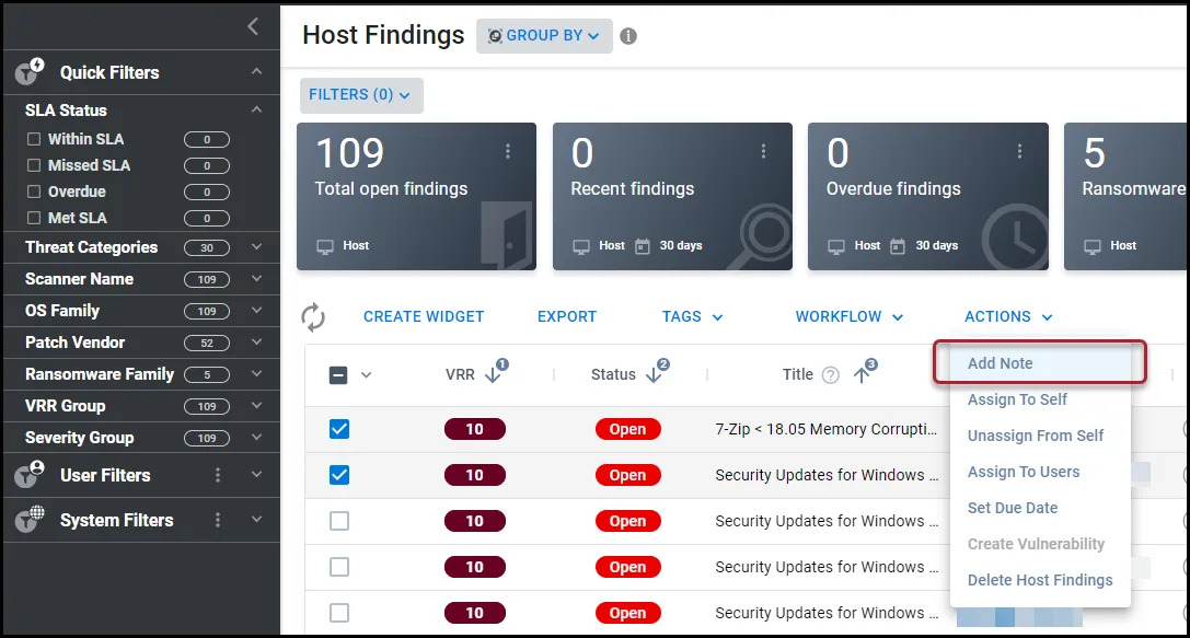 Add Note menu location in the Actions menu on the Host Findings page.