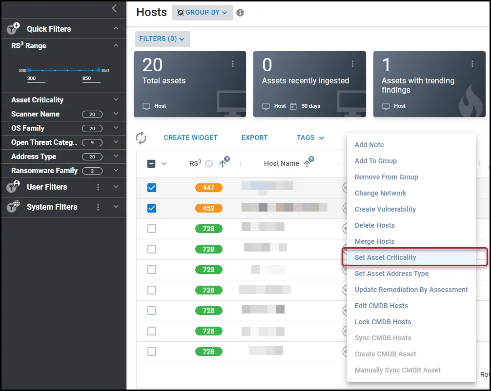 Set Asset Criticality menu location under the Actions menu on the Host page.